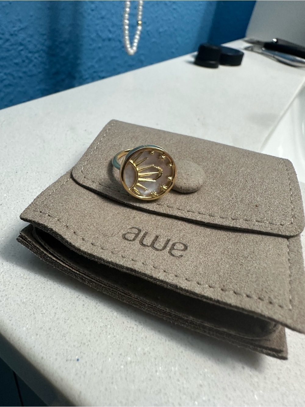 Awe inspired celestial mother of pearl Gold Ring size 5